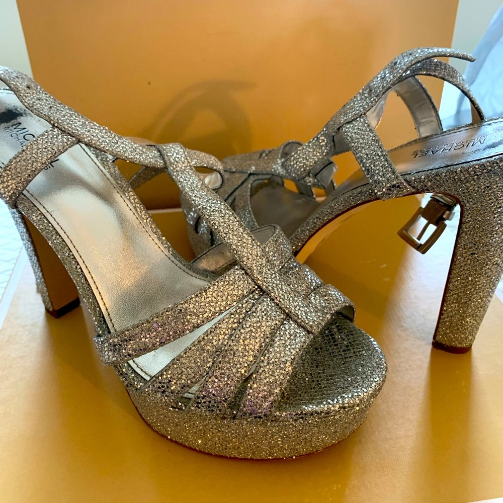 Michael Kors Catalina Sandal Silver Glitter Platform Heel